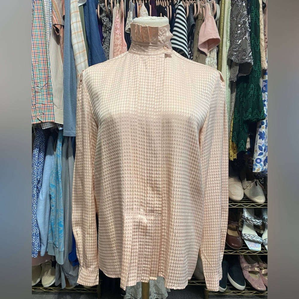 Vintage Jerri Sherman 100% Silk Ruffled High Neck Blouse Blush Pink 4
